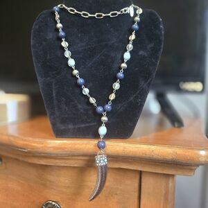 Italian horn-like metal with blue and opalescent beads NY stamped